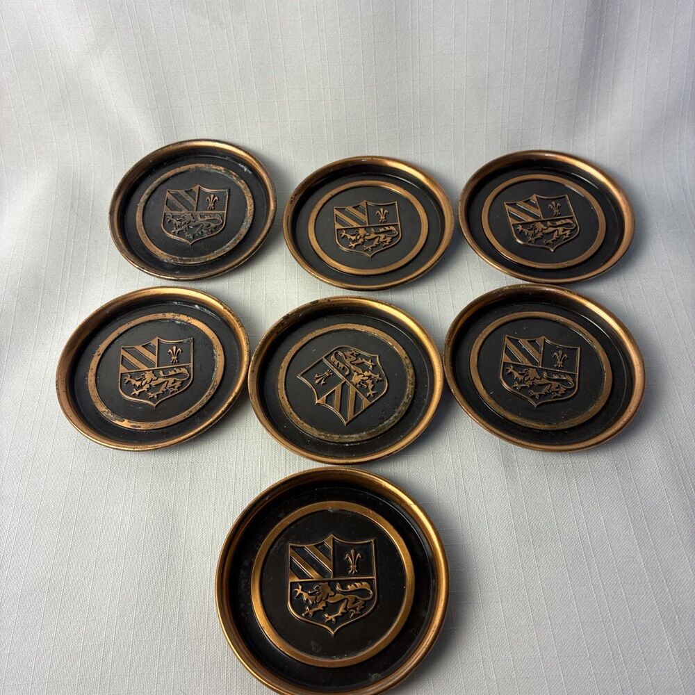 Set of 7 Vintage Hyde Park Heraldic Copper & Black Metal Coasters 3 in.